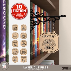 Intercalaires ornés d'étagères de fiction - 10 fichiers SVG découpés au laser, organisateurs de livres de bibliothèque