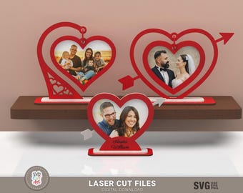 Support photo pour la Saint-Valentin, fichiers SVG, cadre photo coeur découpé au laser, décoration de table romantique, Glowforge