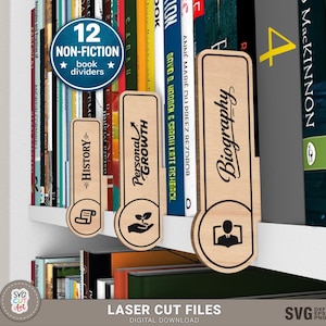 May include: Wooden book dividers labelled "History", "Personal Growth", and "Biography" are displayed on a bookshelf. The dividers have a circular design at the bottom with icons. A blue circle indicates "12 Non-Fiction book dividers".
