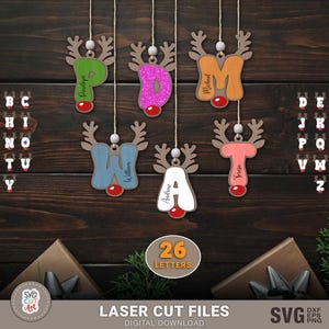 Christmas Reindeer Monogram Personalized Tags Laser Cut SVG – 26 Initial Ornaments