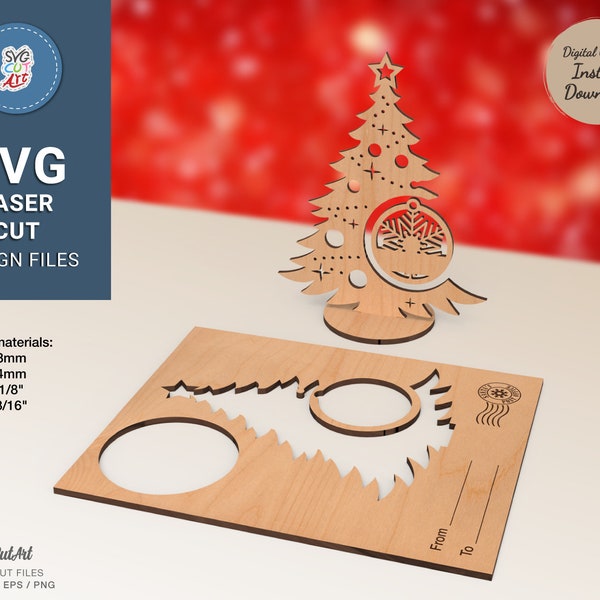 Weihnachtskarte Baumständer mit Kugel svg, Weihnachtskarte Laser geschnitten SVG, Weihnachts Souvenir Karte, Glowforge Muster, Laser geschnitten Dateien