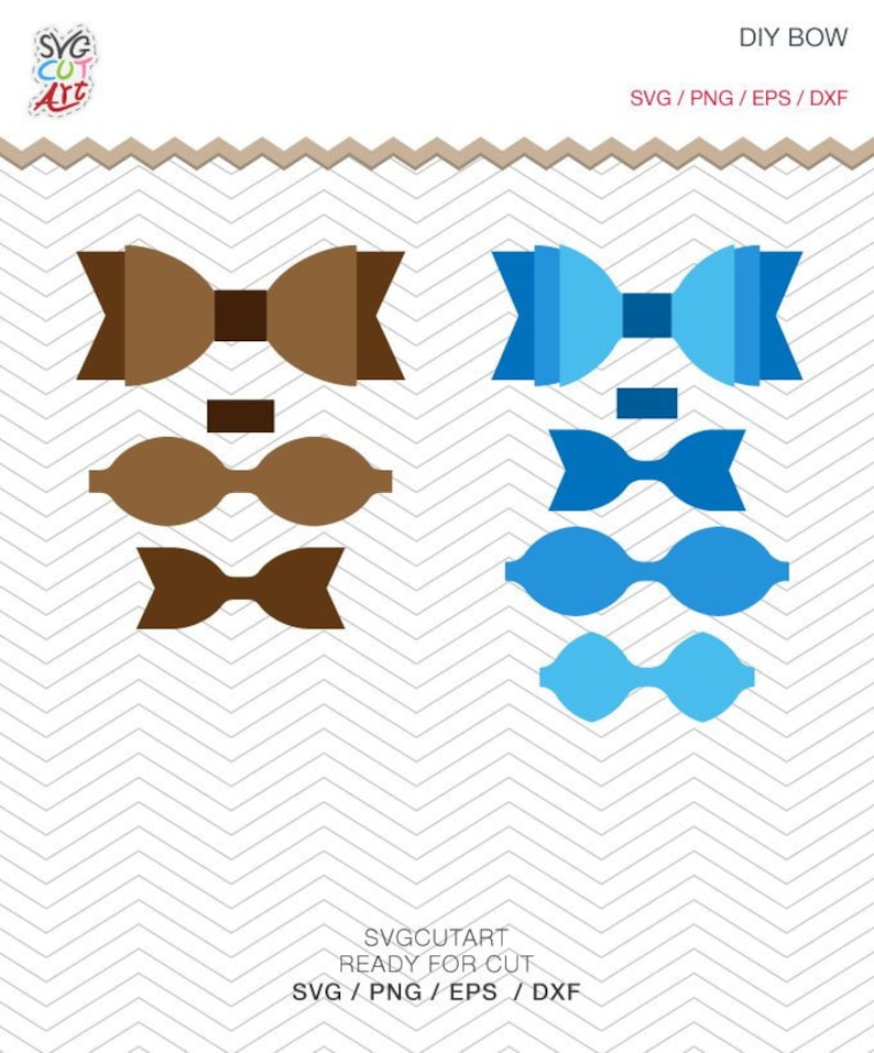 May include: A digital design file for a DIY bow, featuring two color variations: brown and blue. The design includes multiple layers for creating a layered bow effect. The file is ready for cutting with a Cricut machine.