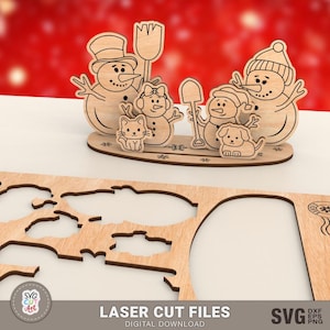 Família de bonecos de neve cortada a laser, suporte para cartão de boneco de neve svg, svg pop out, cartão de natal cortado a laser, cartão de lembrança de natal, Glowforge, arquivos cortados a laser