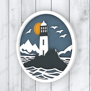 May include: A white lighthouse with a black roof and windows stands on a rocky island. The lighthouse is surrounded by blue water with white waves. The background is a blue sky with a yellow sun and white birds flying.