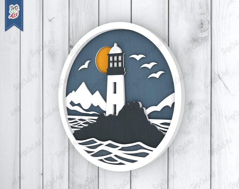 May include: A white lighthouse with a black roof and windows stands on a rocky island. The lighthouse is surrounded by blue water with white waves. The background is a blue sky with a yellow sun and white birds flying.