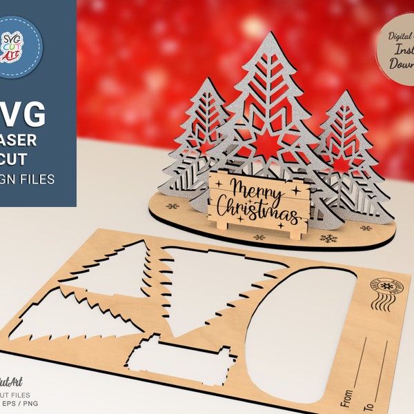 Svg de support de carte de Noël, carte de Noël découpée au laser SVG, carte souvenir de Noël, motif Glowforge, fichiers découpés au laser