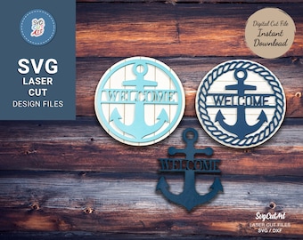 Nautical Welcome sign SVG, Round sign, Anchor Wall Hanging svg, Door Hanger, laser cut file, summer decor, Glowforge Svg, Silhouette, Cricut