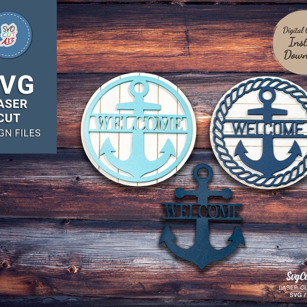Nautical Welcome sign SVG, Round sign, Anchor Wall Hanging svg, Door Hanger, laser cut file, summer decor, Glowforge Svg, Silhouette, Cricut