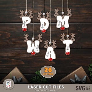 Rendier monogram ornament laser SVG, kerst herten eerste tag SVG, rendieren alfabet svg, kerstcadeau, gepersonaliseerde retro brief tags