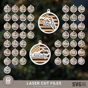 States Christmas Ornaments SVG, 50 States Ornament SVG Files, Ornaments Laser, glowforge svg, christmas, Laser cut, Silhouette, Cricut