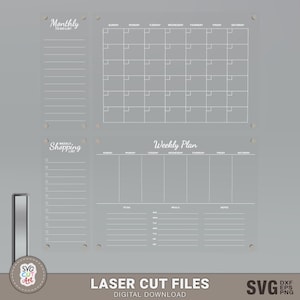 May include: A set of three printable planner pages for a laser cutter. The pages include a monthly calendar, a weekly planner, and a shopping list. The pages are designed to be used with a disc bound planner.
