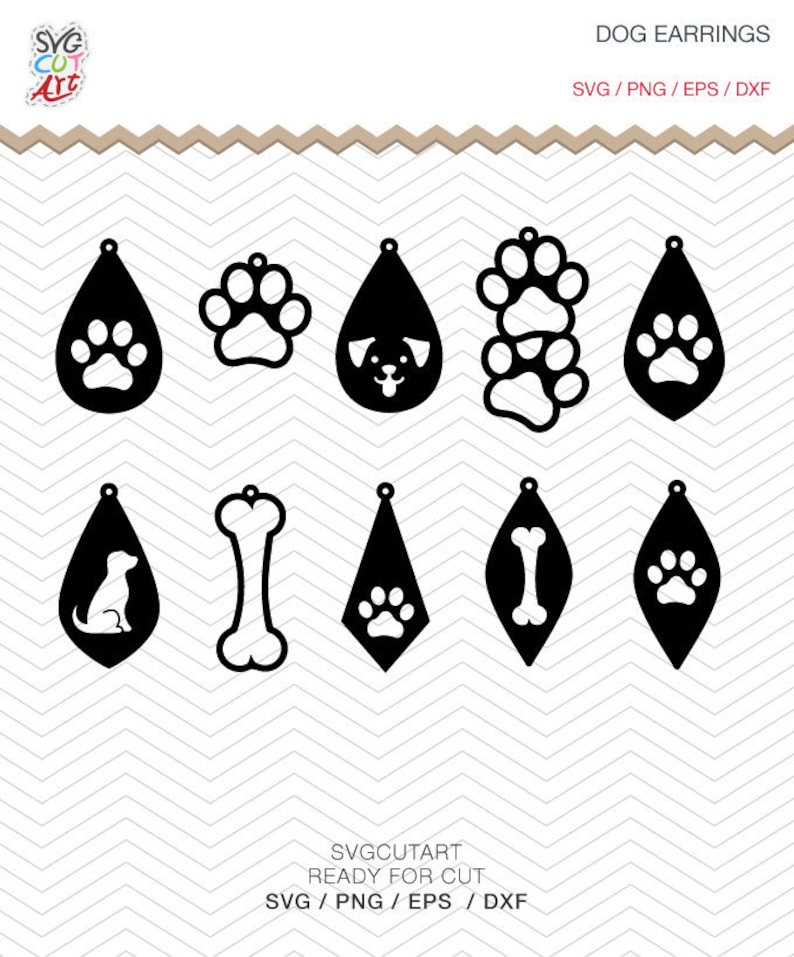 Puede incluir: Un conjunto de 10 dise&ntilde;os de pendientes con tem&aacute;tica de perros en blanco y negro. Los dise&ntilde;os incluyen huellas de patas, un hueso y una silueta de perro. El texto "SVG/PNG/EPS/DXF" est&aacute; en la parte superior de la imagen. El texto "SVGCUTART READY FOR CUT SVG/PNG/EPS/DXF" est&aacute; en la parte inferior de la imagen.