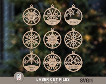 May include: Eight laser cut wooden ornaments with snowflake designs. Each ornament has a personalised name and the year 2023. The names are Jenifer, Jackson, Jessica, Parker Family, David, Stewart, and Elizabeth.