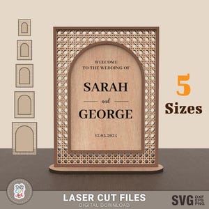 May include: Laser cut wedding welcome sign with a woven rattan design. The sign features the text "Welcome to the wedding of Sarah and George" with the date "12.05.2024".