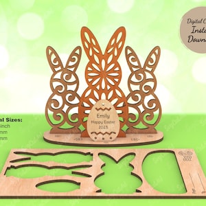 Bunnies with egg stand card SVG, Easter stand svg, Easter laser, Personalized easter gift card, Easter svg, Easter Cut File, laser cut file