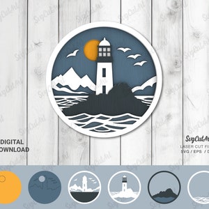 Escena de faro cortada con láser, faro svg, pared decorativa de madera 3D, caja de sombra de madera, archivo de corte láser de regalo de madera, decoración de pared, multicapa