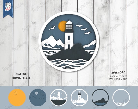Lighthouse Scene laser cut, Lighthouse svg, Wooden Decorative Wall 3D, wood Shadow Box, Wooden Gift laser cut file, wall decor, multilayer