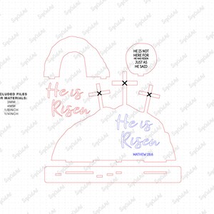 May include: A digital design file for a 3D Easter card. The card features a red and white archway, two crosses, and the text "He is Risen" in a pink font. The text "Mathew 28:6" is also included in a smaller font. The design is intended for use with a laser cutter.