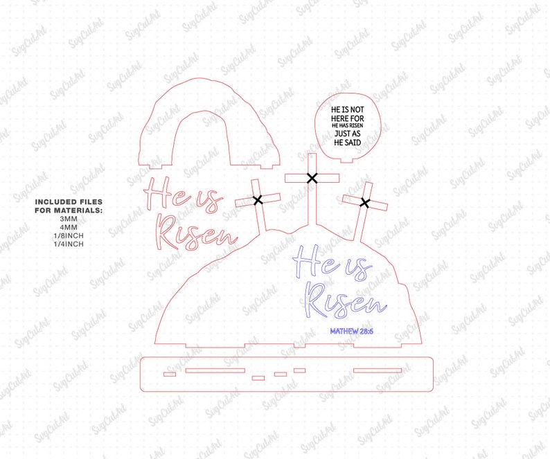 May include: A digital design file for a 3D Easter card. The card features a red and white archway, two crosses, and the text "He is Risen" in a pink font. The text "Mathew 28:6" is also included in a smaller font. The design is intended for use with a laser cutter.