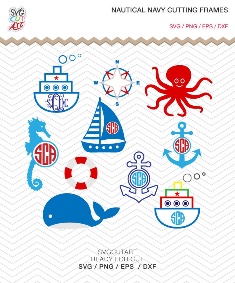 Download Nautical Navy cutting Frames Monogram DXF SVG EPS octopus | Etsy