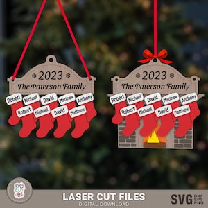 Bas de famille ornement Laser SVG, ornements de Noël SVG, laser pour les membres de la famille, cadeau personnalisé, arbre suspendu svg, svg de Noël