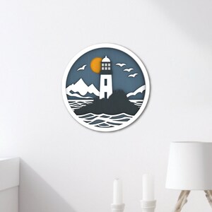 May include: A white lighthouse with a black roof and windows stands on a rocky island. The lighthouse is surrounded by blue water with white waves. The sun is setting behind the lighthouse, casting a yellow glow on the sky. The scene is framed in a white circle.