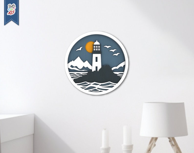 May include: A white lighthouse with a black roof and windows stands on a rocky island. The lighthouse is surrounded by blue water with white waves. The sun is setting behind the lighthouse, casting a yellow glow on the sky. The scene is framed in a white circle.