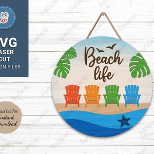 Beach Life muur Deur opknoping svg, Rond bord svg, zomer deur decor, Ronde Deur Hanger, Glowforge Svg, laser gesneden, Silhouet, Cricut