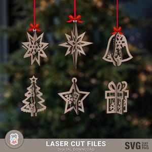 Adornos navideños colgantes 3D SVG, adornos navideños SVG, copos de nieve 3D láser, glowforge svg, decoración navideña, corte láser, Cricut