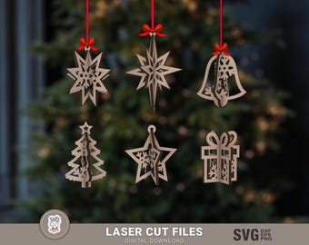 Christmas Hanging 3D Ornaments SVG, Christmas Ornament SVG, 3D Snowflake Laser, glowforge svg, christmas decoration, Laser cut, Cricut