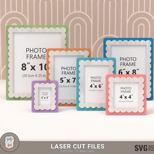 May include: A selection of colourful photo frames in various sizes, including 20.3cm x 25.4cm, 15.2cm x 20.3cm, 12.7cm x 17.8cm, 10.2cm x 15.2cm, 10.2cm x 10.2cm, and 5cm x 7.6cm. Each frame has a scalloped edge and the words "PHOTO FRAME" are printed on the front.