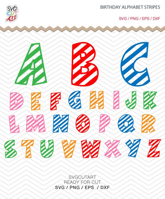 Birthday Alphabet Stripes Lines Letters SVG PNG DXF eps, striped School kid Font, Vinyl Decal Cut File Cricut Design Silhouette studio