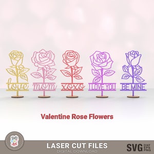 バレンタインローズフラワーパーソナライズレーザーSVG、ローズスタンドSVG、母の日ギフトレーザー、記念日ギフトSVG、ママローズ、グローフォージ、レーザーカット