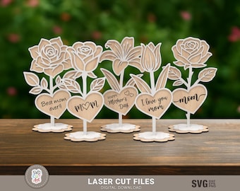 Mother’s Day Rose Flower Stand 5 Bundle – Laser Cut SVG Files, Wooden Floral Gift Decor, Glowforge Download