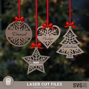 Hanging Personalized Christmas Ornaments SVG, Christmas Ornament SVG, Snowflake Laser, Glowforge svg, Christmas decoration, Laser cut
