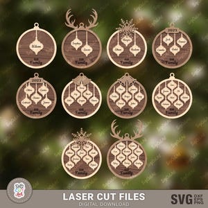 Décorations de famille Arabesque SVG, membres de la famille, décorations de Noël SVG, cadeau personnalisé, arbre suspendu, svg de Noël, Glowforge, laser