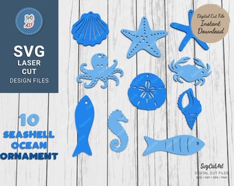 Beach SeaShell Ornaments SVG, laser cut file, starfish svg, horsea svg, Ocean svg, summer decor, Glowforge Svg, Silhouette, Cricut
