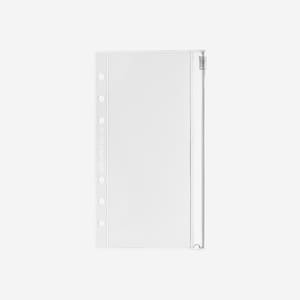 May include: Clear plastic pocket designed for a personal planner. The pocket has a zipper closure and is designed to hold loose papers or small items.