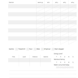 Può includere: Un registro di allenamento stampabile con un design in bianco e nero. Il registro include sezioni per tenere traccia degli esercizi, del cardio, del livello di energia, della valutazione dell'allenamento e del consumo di acqua.