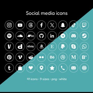 Social Media Icons - 41 icons in 9 sizes, transparent background, white, PNG files, outline