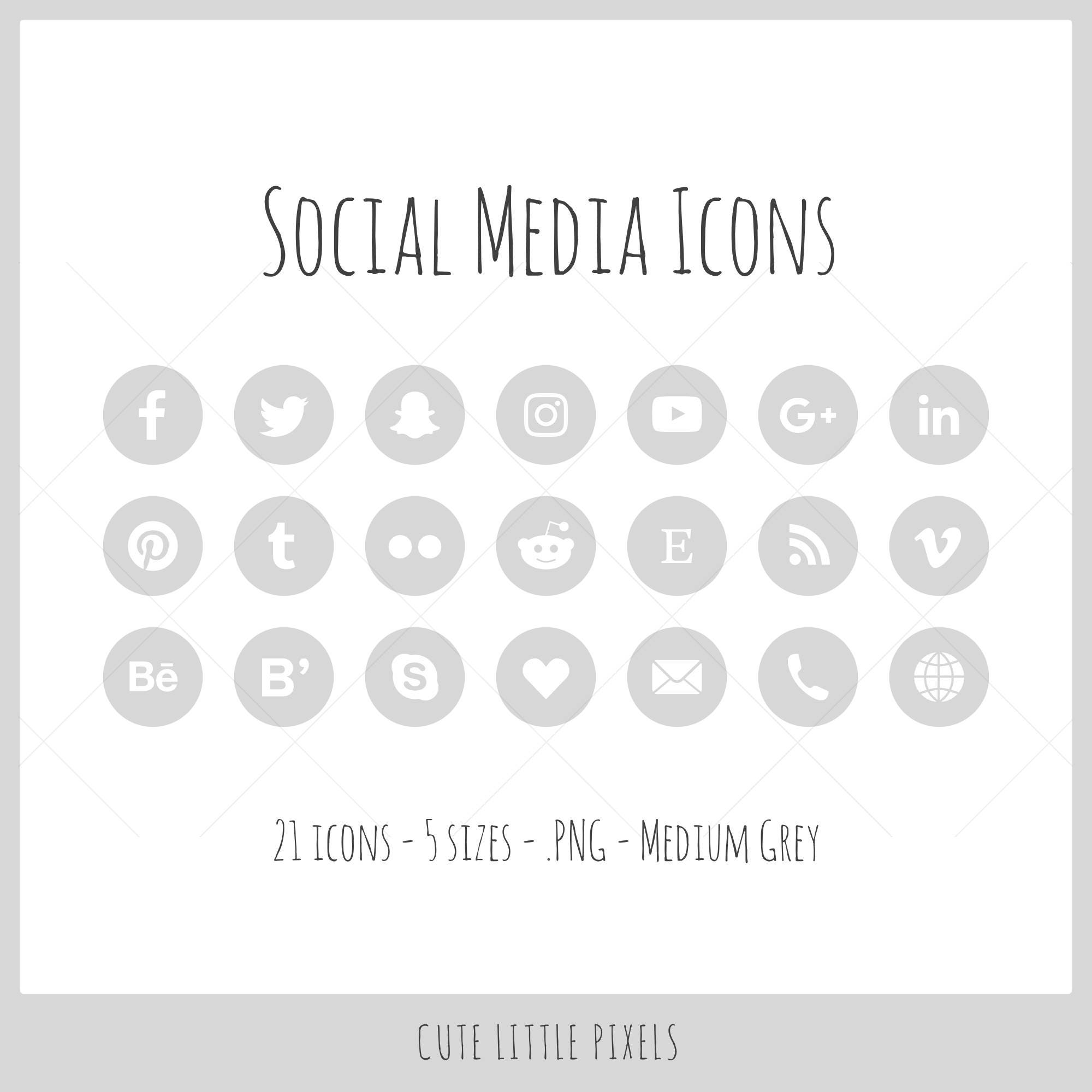 social media icons 21 icons in 5 sizes medium gray png etsy