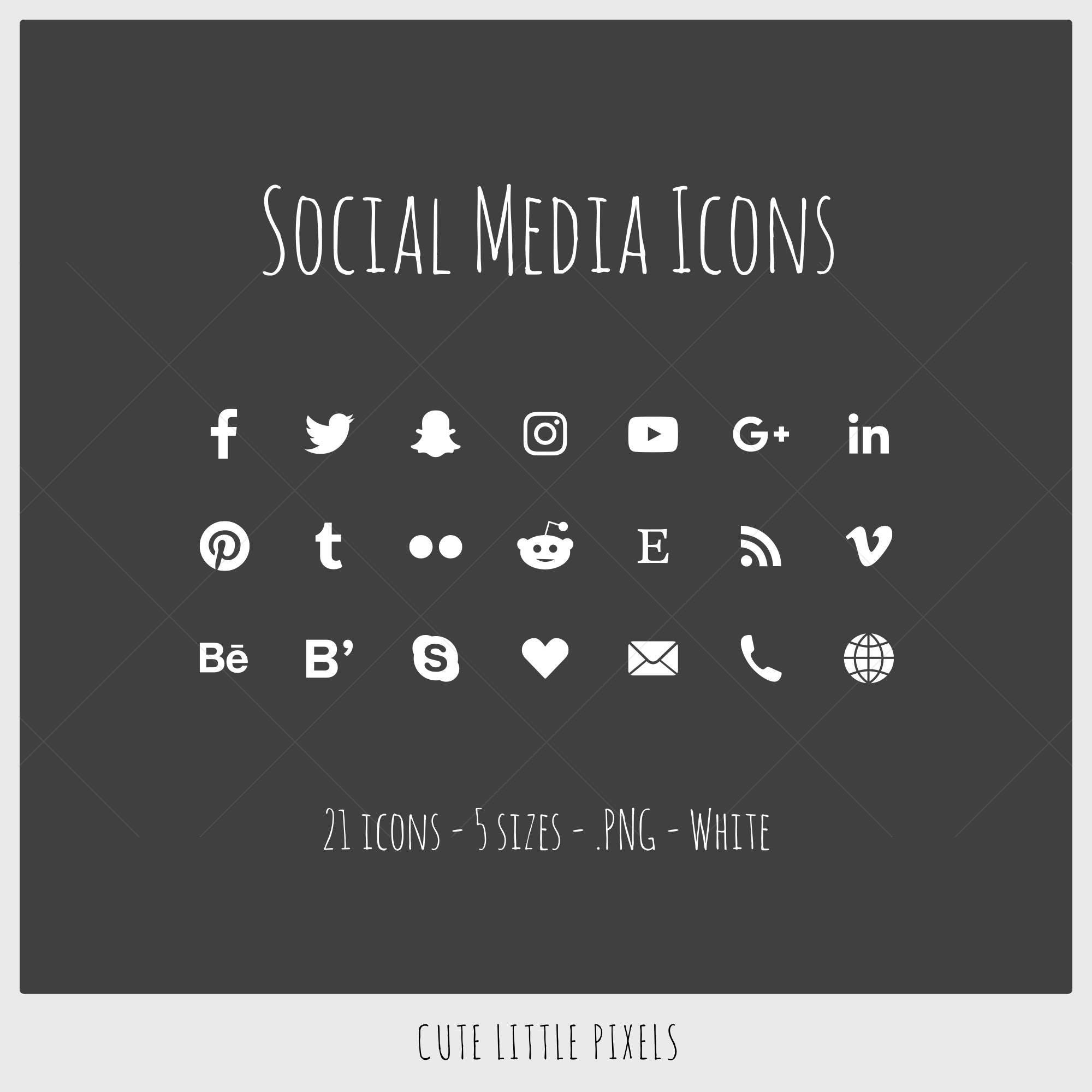 Social Media Icons 21 icons in 5 sizes white PNG files | Etsy