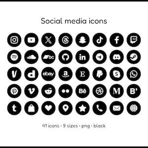 Social Media Icons - 41 icons in 9 sizes, white, PNG files, solid icon