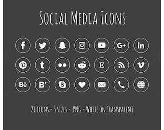 Social Media Icons - 21 icons in 5 sizes, PNG files, white social media icons