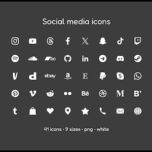 Social Media Icons - 41 icons in 9 sizes, white, PNG files, solid icon