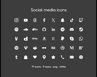 Social Media Icons - 41 icons in 9 sizes, white, PNG files, solid icon
