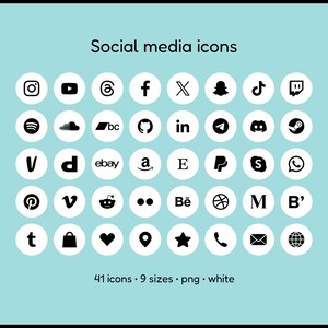 Social Media Icons - 41 icons in 9 sizes, white and black, PNG files, circle icon