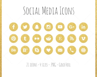 Social Media Icons - 21 icons in 4 sizes, gold foil, PNG files, flat style, gold glitter
