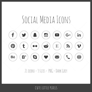 Social Media Icons - 21 icons in 3 sizes, PNG files, dark gray, outline style with solid icon