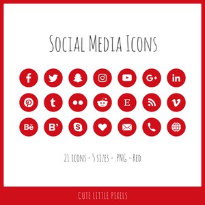 Social Media Icons - red, 21 icons in 3 sizes, PNG files, flat style